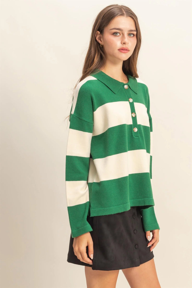 Styled In Stripes Polo Button Collar Sweater Top - Green