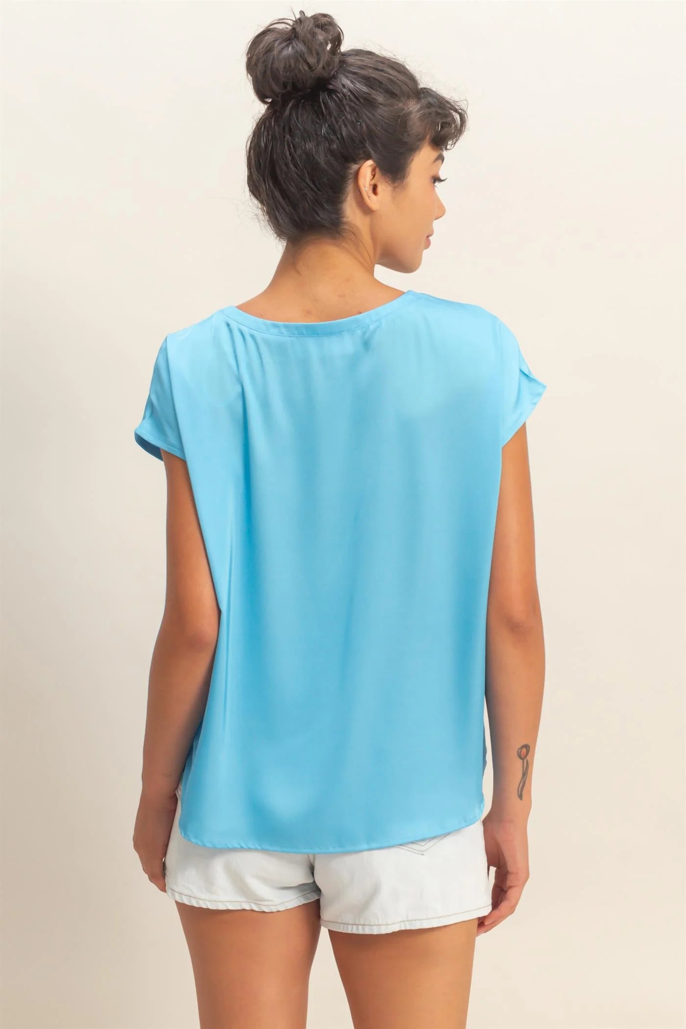 Ocean View Skies Satin Dolman Sleeve Top - Blue