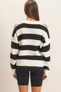 Varsity Collared Striped Knit Sweater Top - Cream/Black