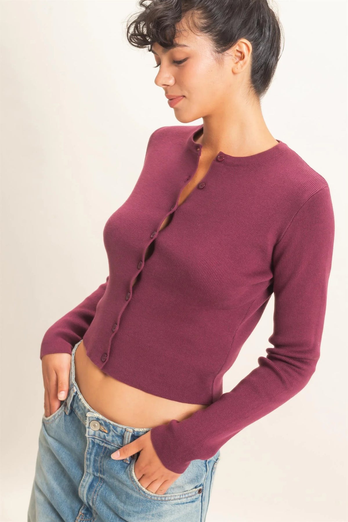 Wine & Dine Button Up Knit Long Sleeve Top - Dark Cherry
