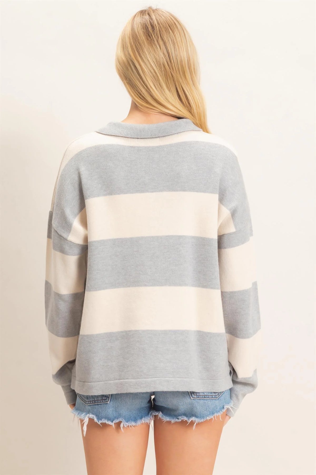 Sloane Striped Long Sleeve Knit Sweater - Heather Gray