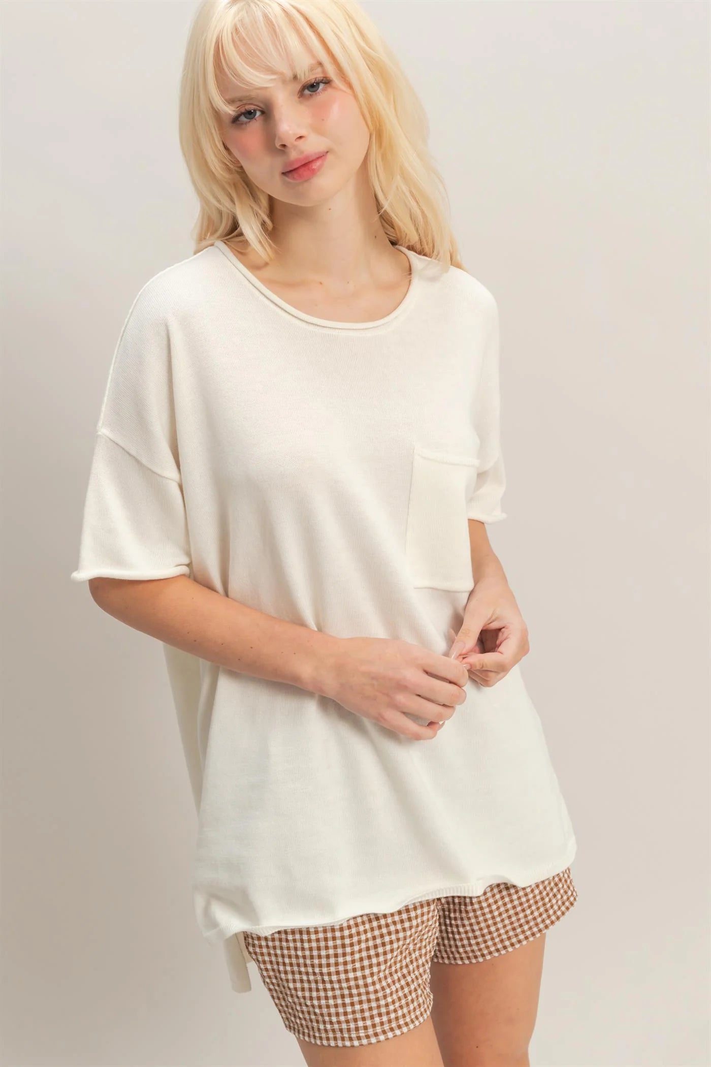 Gentle Breeze Oversized Knit Top w/ Side Slits - Whip Cream