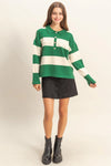 Styled In Stripes Polo Button Collar Sweater Top - Green