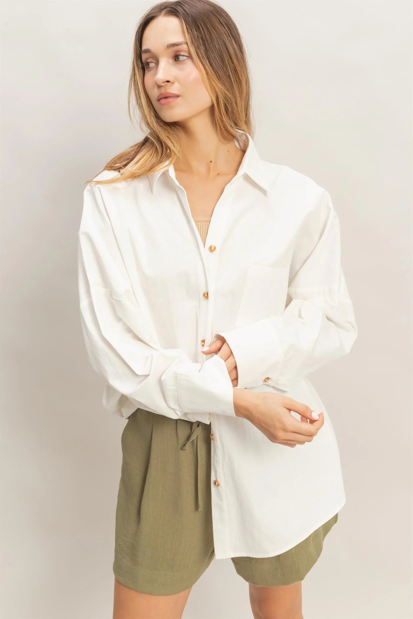 Morning Light Relaxed Oversized Collared Button Up Top - Off White