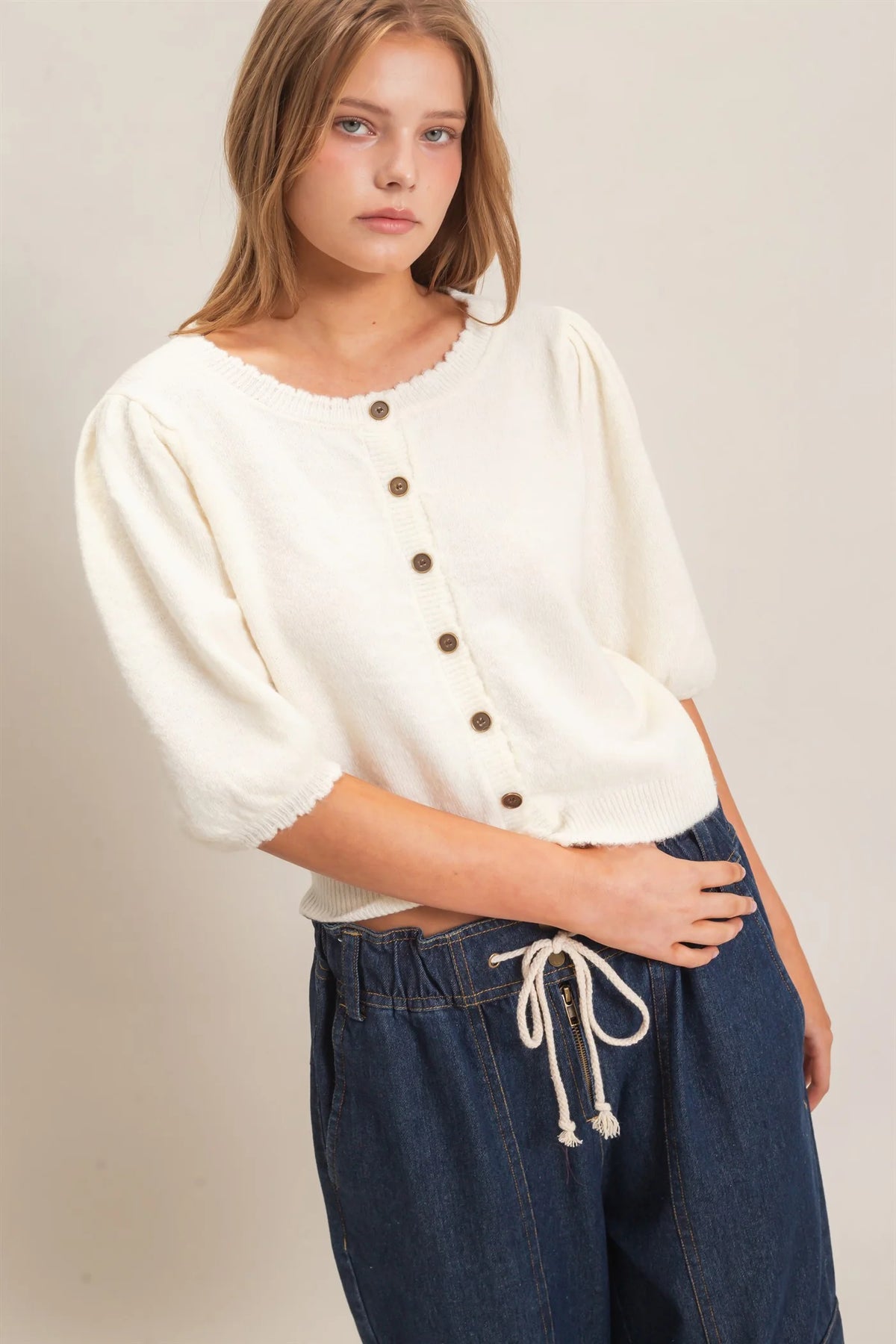 Cozy in Cream Puff Sleeve Knit Top
