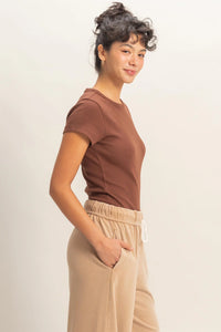 Minimal Chic Ribbed Crew Neck Basic Tee - Brown