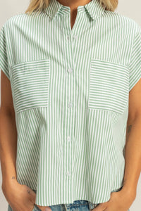 Fresh Pick Striped Short Sleeve Button Up Top - Green