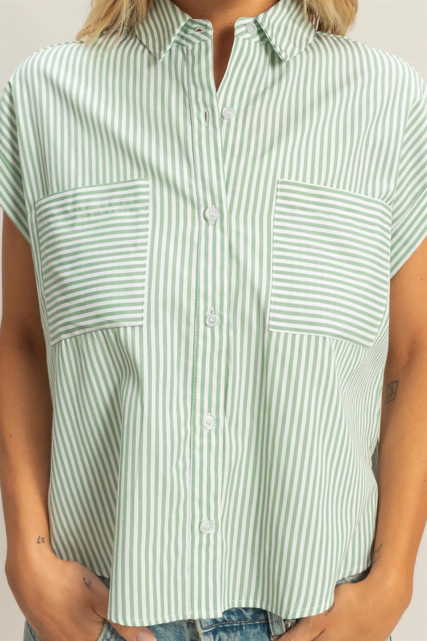 Fresh Pick Striped Short Sleeve Button Up Top - Green