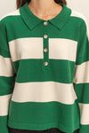 Styled In Stripes Polo Button Collar Sweater Top - Green