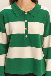 Styled In Stripes Polo Button Collar Sweater Top - Green