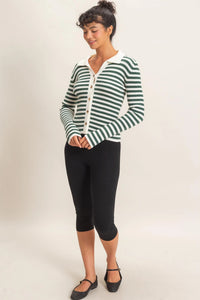 Classic Club Ribbed Striped Polo Knit Top - Dark Green