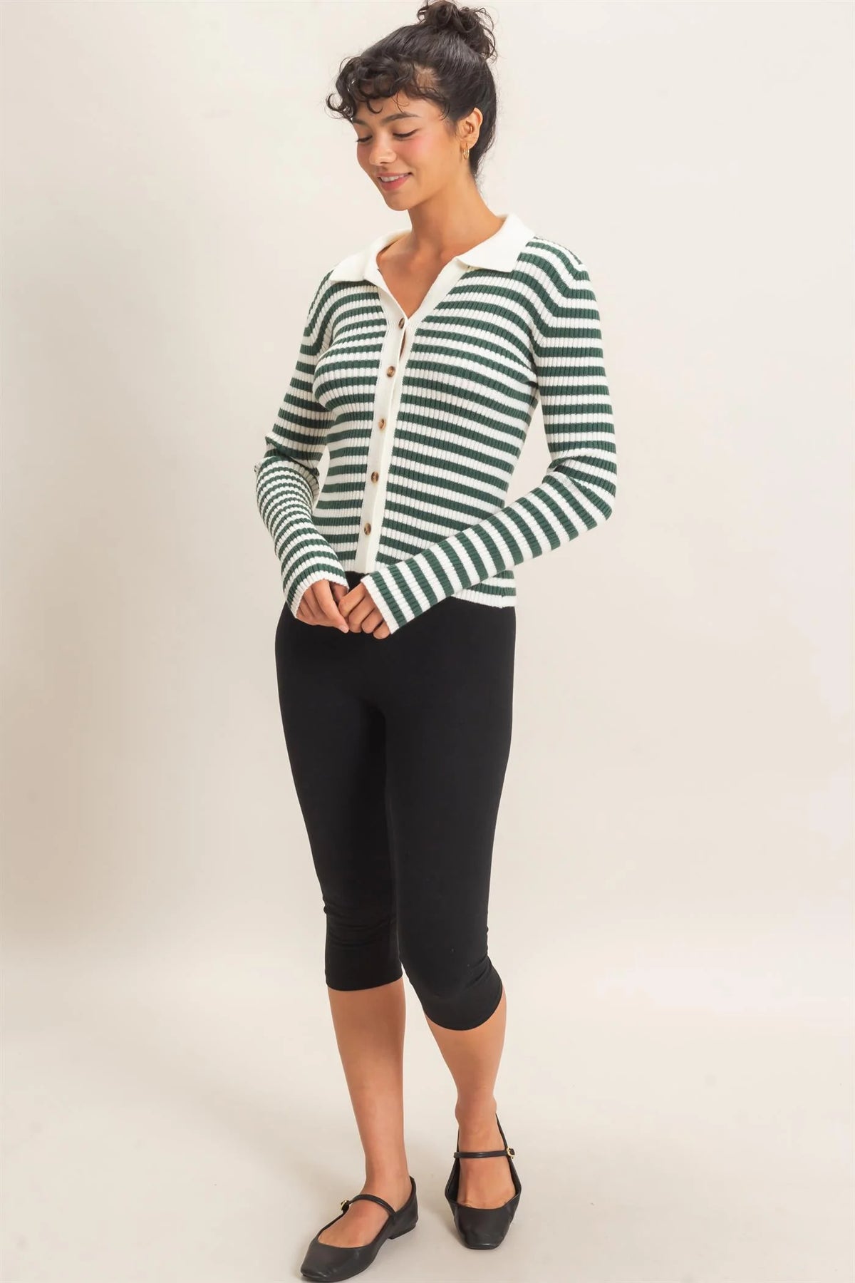 Classic Club Ribbed Striped Polo Knit Top - Dark Green