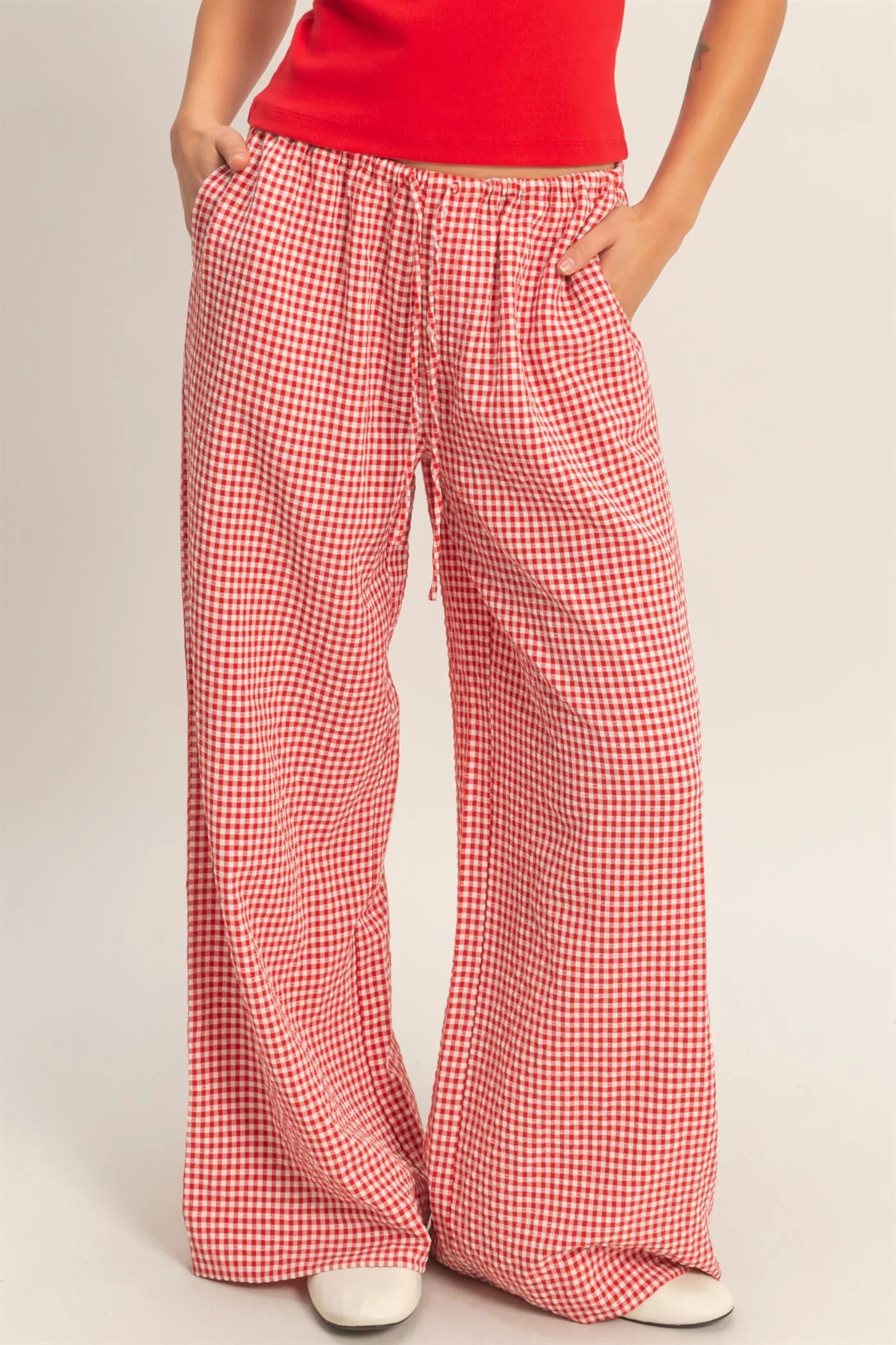 Strawberry Sweetheart Gingham Printed Woven Drawstring Pants - Red