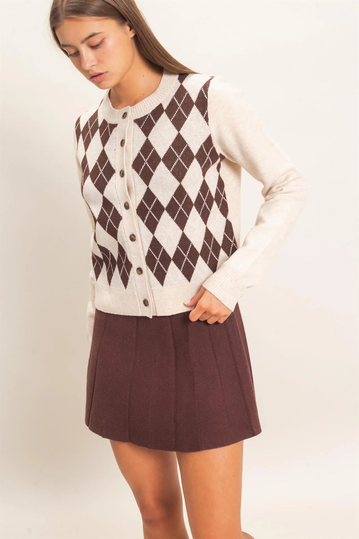 Old School Charm Argyle Knit Sweater / Cardigan - Oatmeal