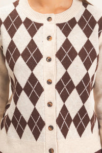 Old School Charm Argyle Knit Sweater / Cardigan - Oatmeal