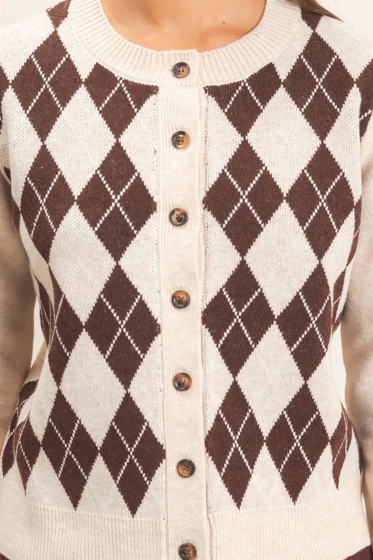 Old School Charm Argyle Knit Sweater / Cardigan - Oatmeal