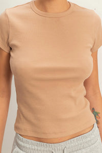 Minimal Chic Ribbed Crew Neck Basic Tee - Camel