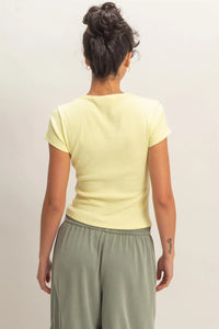 Minimal Chic Ribbed Crew Neck Basic Tee - Pale Yellow