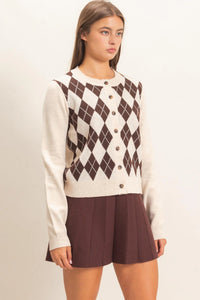 Old School Charm Argyle Knit Sweater / Cardigan - Oatmeal