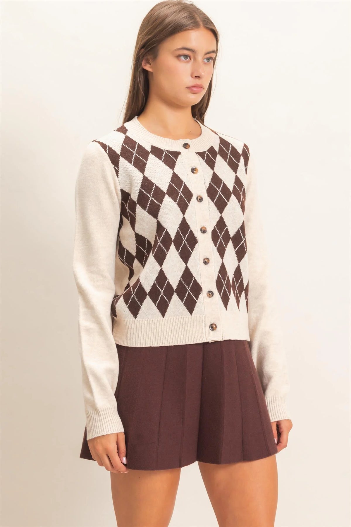 Old School Charm Argyle Knit Sweater / Cardigan - Oatmeal