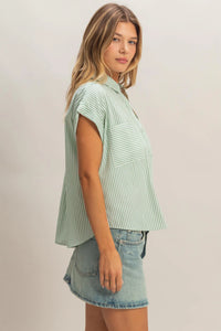Fresh Pick Striped Short Sleeve Button Up Top - Green