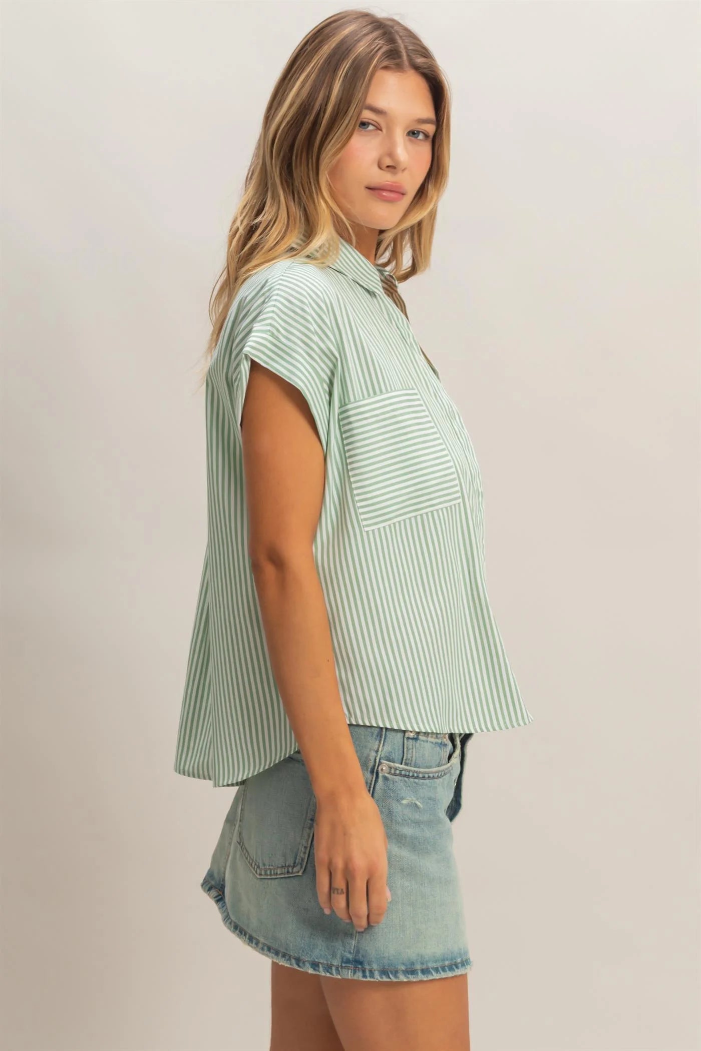 Fresh Pick Striped Short Sleeve Button Up Top - Green