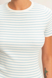 Barely Blue Striped Ribbed Short Sleeve Crew Neck Top - Blue