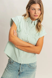 Fresh Pick Striped Short Sleeve Button Up Top - Green