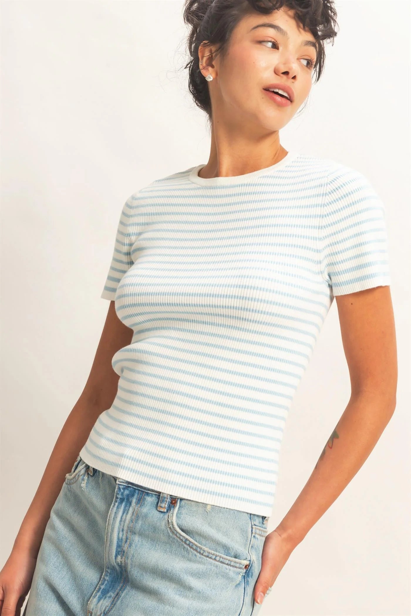Barely Blue Striped Ribbed Short Sleeve Crew Neck Top - Blue