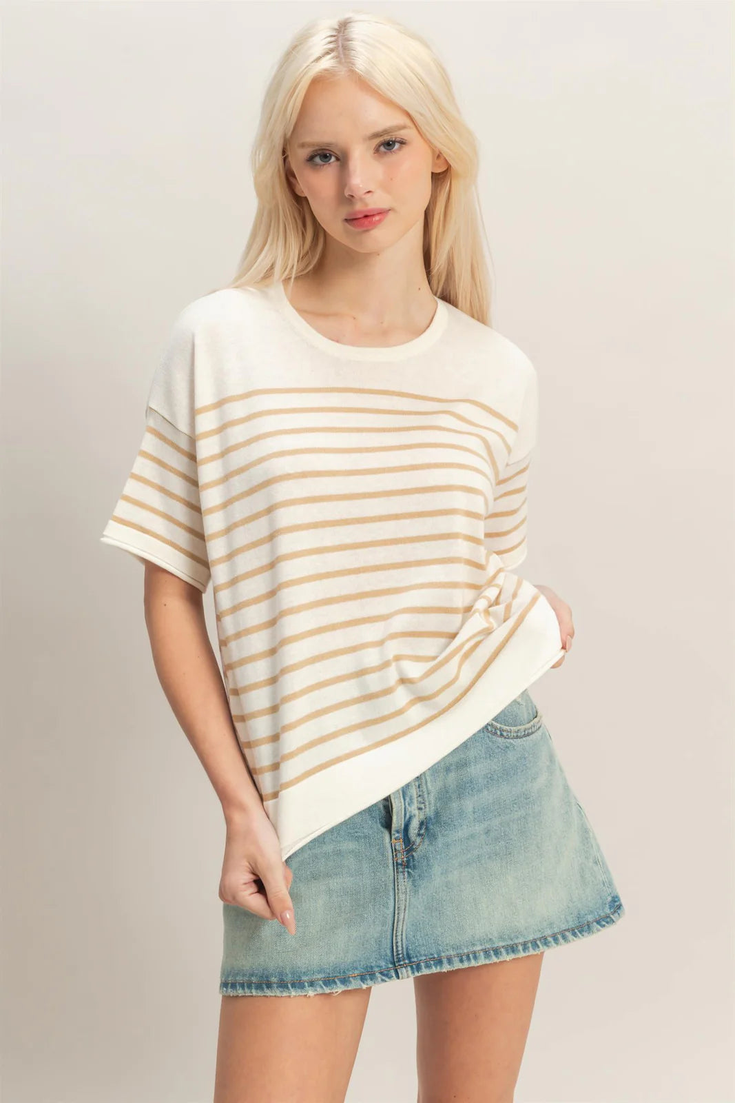 Soft Classic Striped Knit Top - Taupe