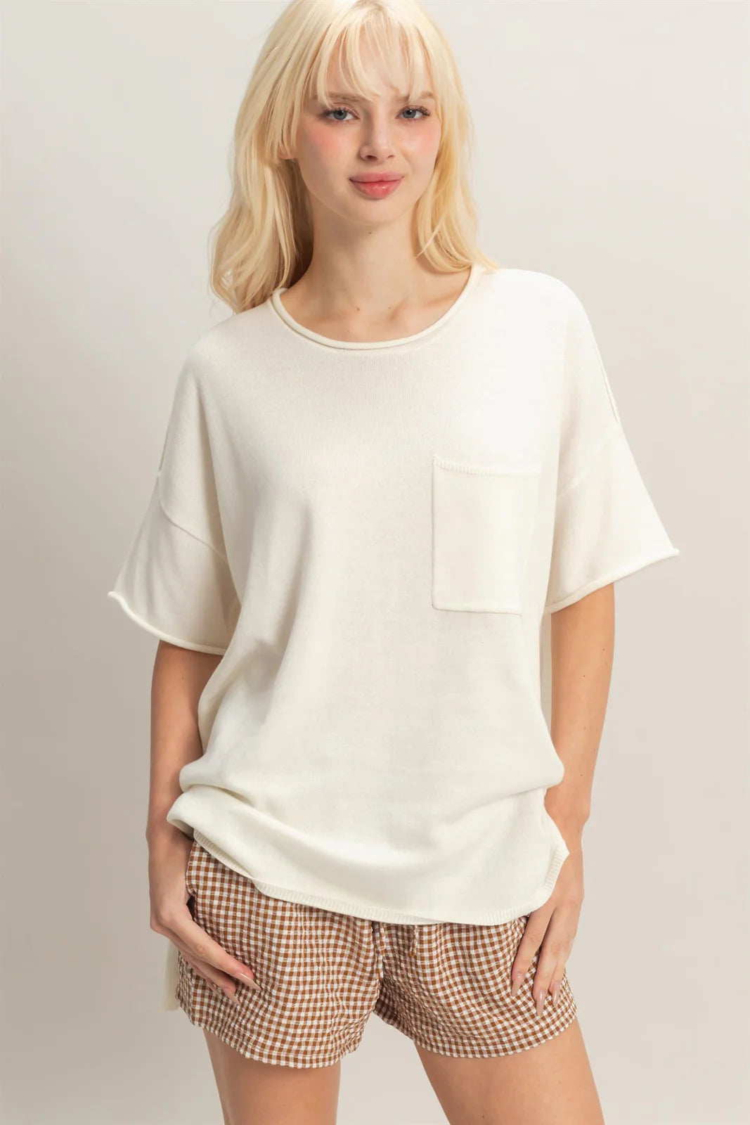 Gentle Breeze Oversized Knit Top w/ Side Slits - Whip Cream