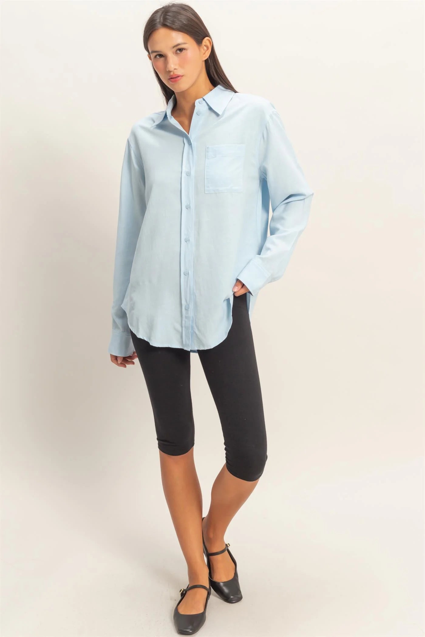 Clean Lines Classic Essential Button Down Top - Ice Blue