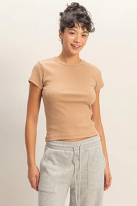 Minimal Chic Ribbed Crew Neck Basic Tee - Camel