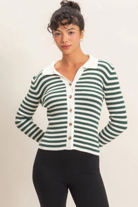 Classic Club Ribbed Striped Polo Knit Top - Dark Green