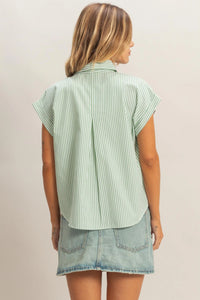 Fresh Pick Striped Short Sleeve Button Up Top - Green