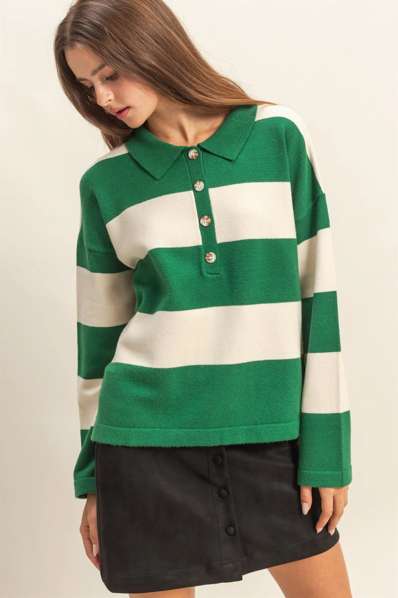 Styled In Stripes Polo Button Collar Sweater Top - Green