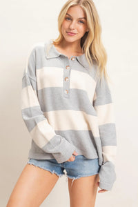 Sloane Striped Long Sleeve Knit Sweater - Heather Gray