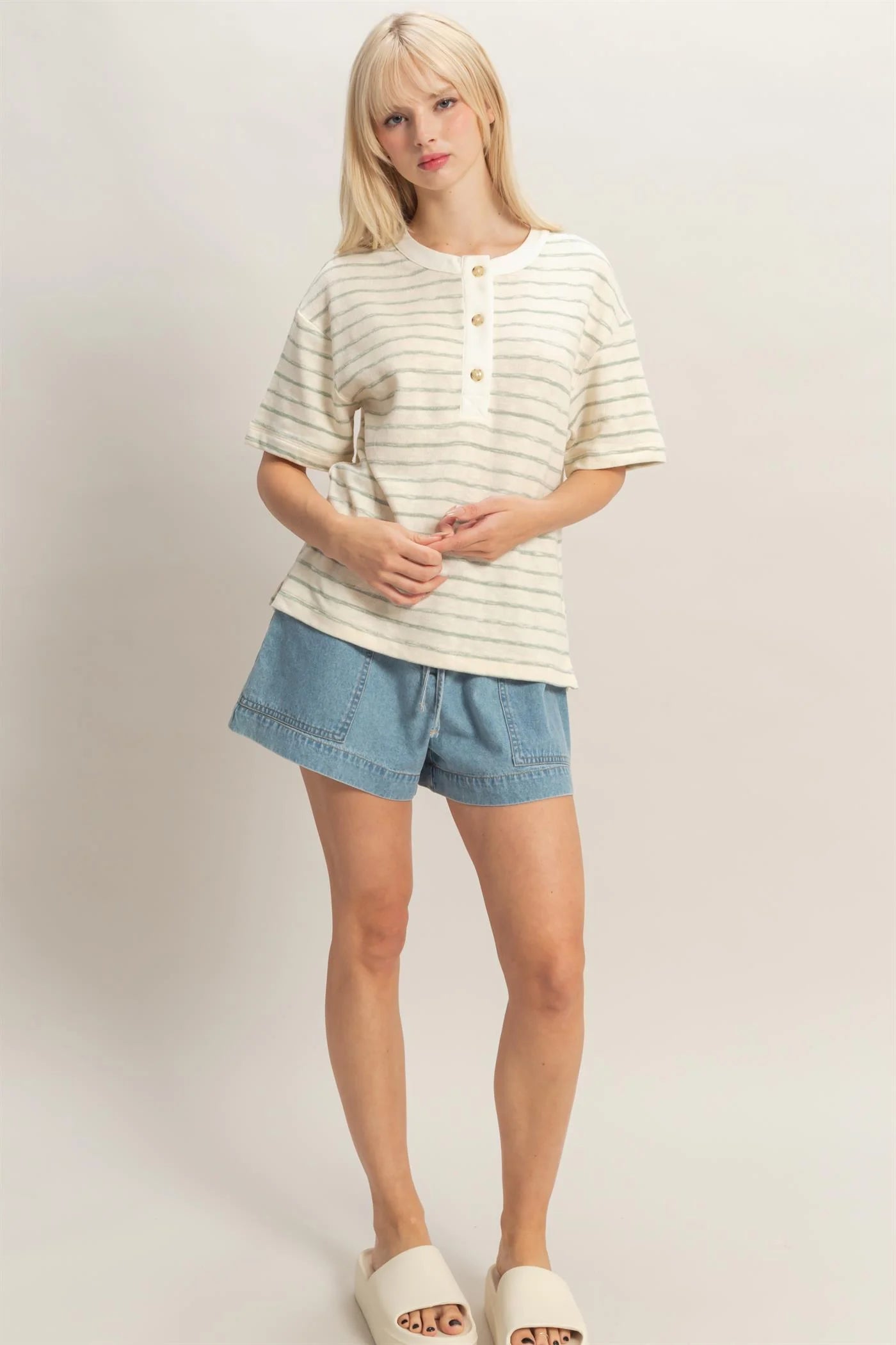 Soft Current Striped Henley Short Sleeve Top - Sage Green