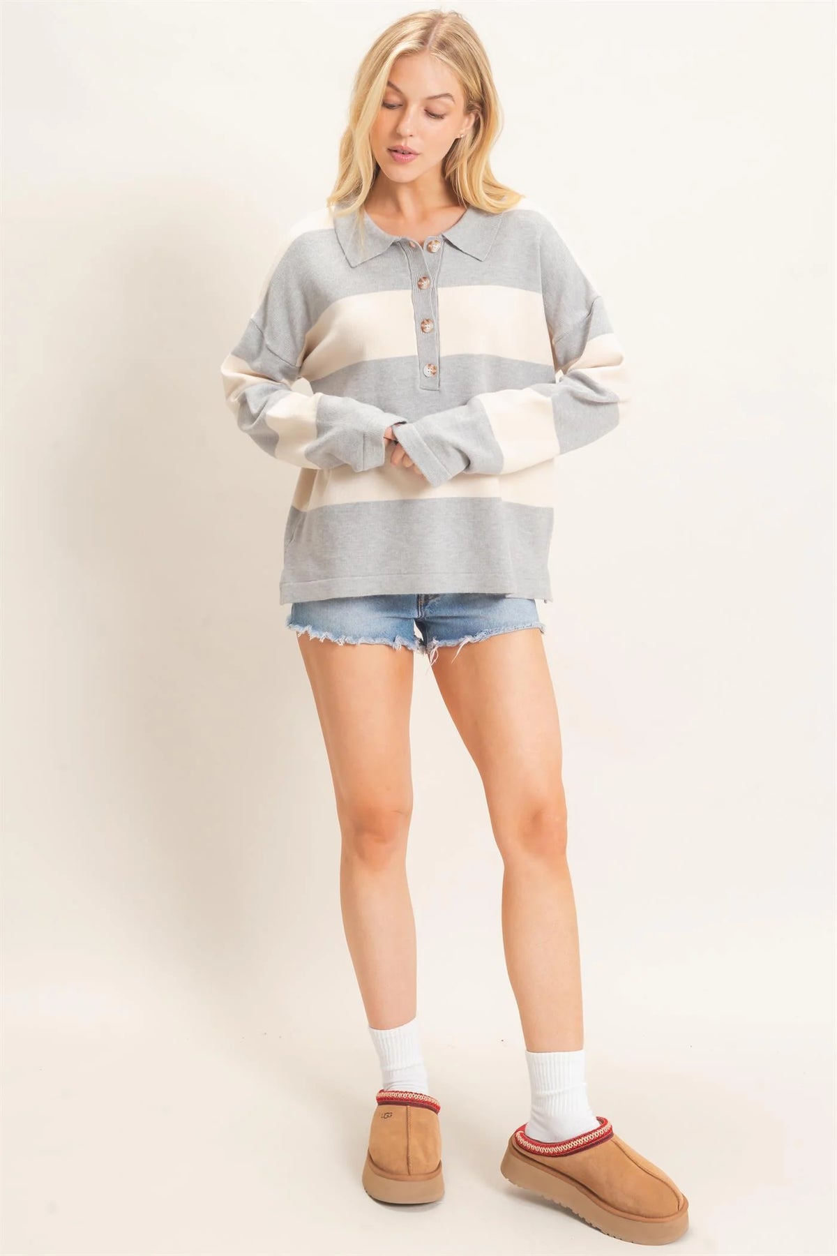 Sloane Striped Long Sleeve Knit Sweater - Heather Gray