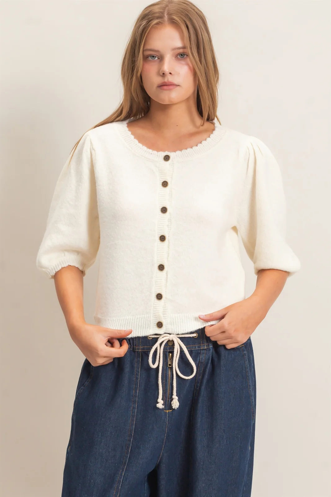 Cozy in Cream Puff Sleeve Knit Top