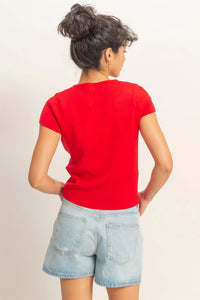 Cherry Pop Ribbed Button Up Top - Red