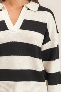 Varsity Collared Striped Knit Sweater Top - Cream/Black