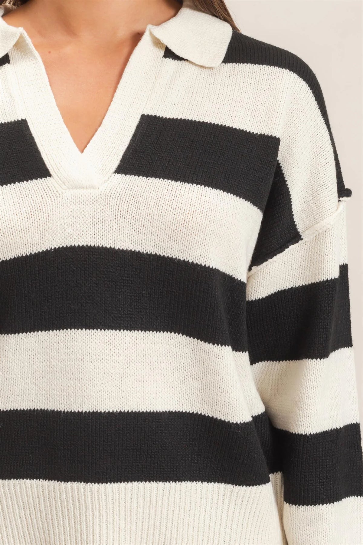 Varsity Collared Striped Knit Sweater Top - Cream/Black