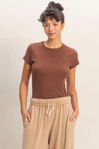 Minimal Chic Ribbed Crew Neck Basic Tee - Brown