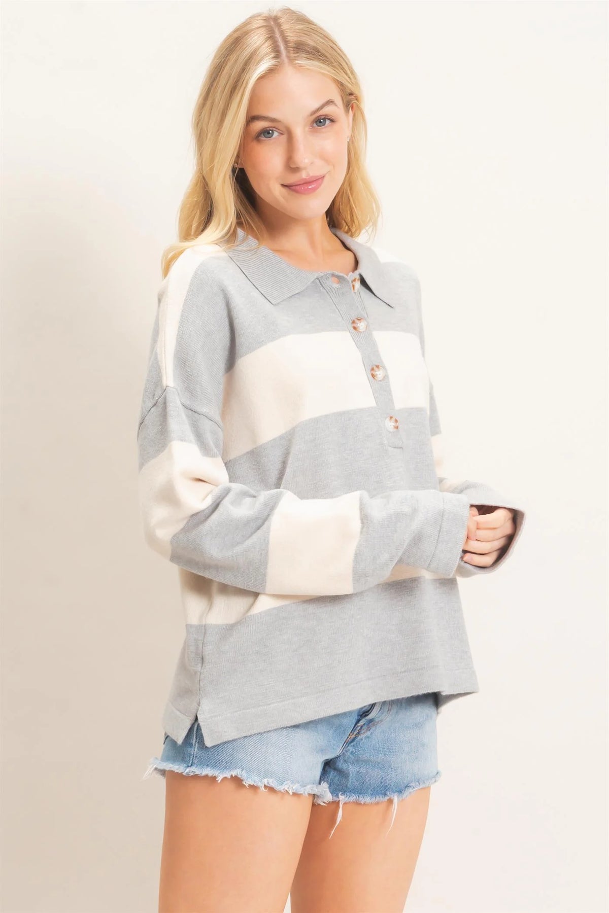 Sloane Striped Long Sleeve Knit Sweater - Heather Gray