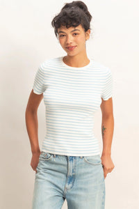 Barely Blue Striped Ribbed Short Sleeve Crew Neck Top - Blue