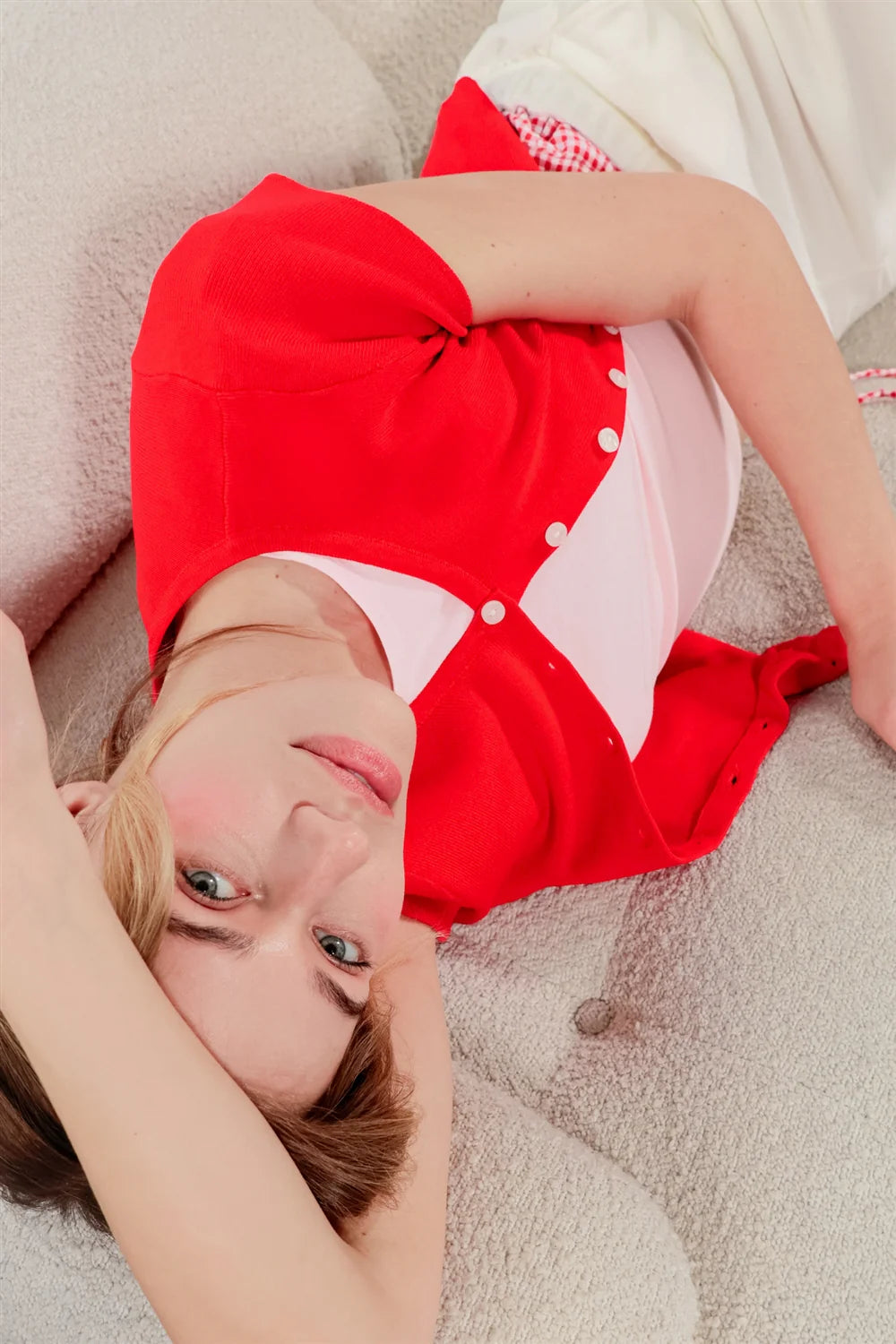 Cherry Pop Ribbed Button Up Top - Red