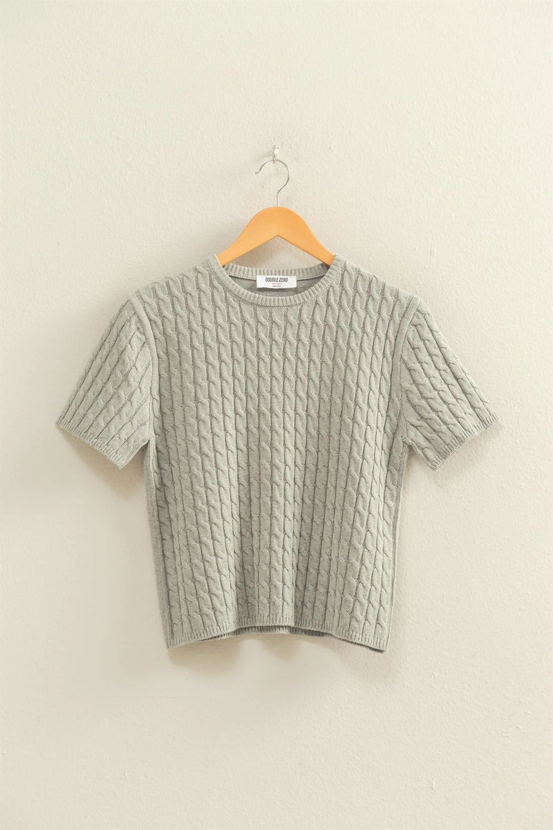 Charleston Chic Cable Knit Short Sleeve Sweater Top - Grey