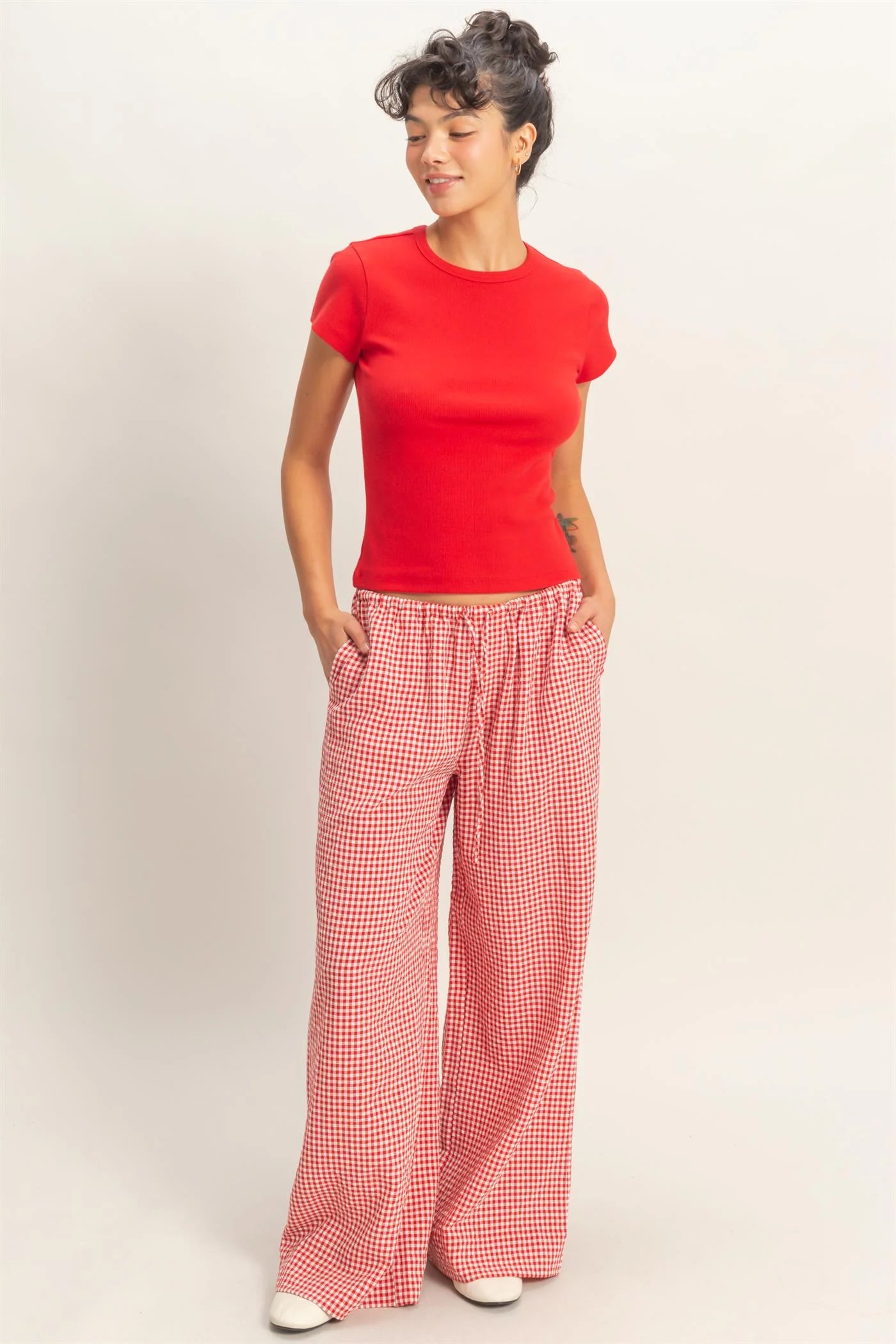 Strawberry Sweetheart Gingham Printed Woven Drawstring Pants - Red