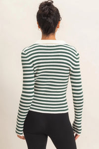 Classic Club Ribbed Striped Polo Knit Top - Dark Green